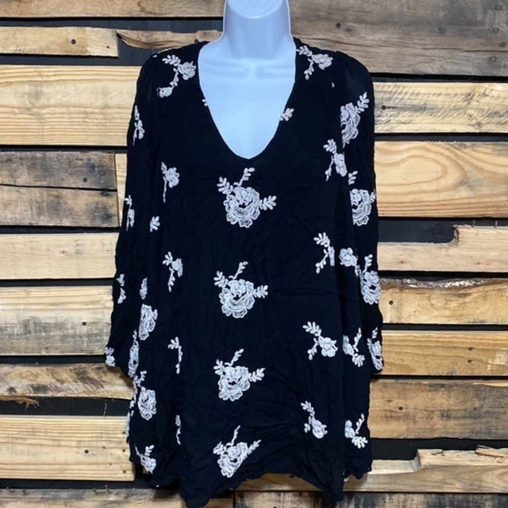 Free People Emma’s Dress Embroidered Gauzy Swing Dress Black White Floral Small